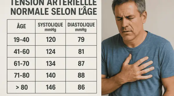 Tableau de tension artérielle normale par âge. Un homme se tient la poitrine, l'air inquiet. La tension systolique pour 71-80 ans est de 140, la diastolique de 88.
