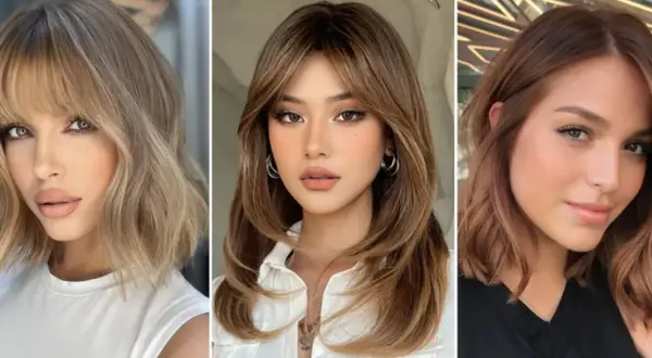 Tres estilos de cortes de pelo para cara ovalada: bob con flequillo, melena escalada y lob ondulado.