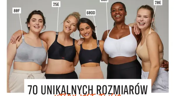 Pięć kobiet w różnych rozmiarach biustonoszy: 80F, 75E, 60DD, 80H, 70E. Jaki to rozmiar?
