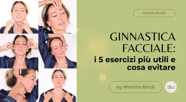 Collage of a woman performing facial exercises, with text overlay "Ginnastica Facciale".