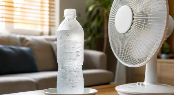 Une bouteille d'eau glacée condensation sur une table, avec un ventilateur en arrière-plan. Parfait pour boire de l'eau glacée quand il fait chaud.