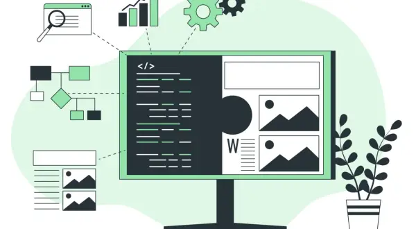 Analiza kodu i elementów strony internetowej. Wykresy, schematy blokowe i lupa wskazują na audyt strony internetowej.