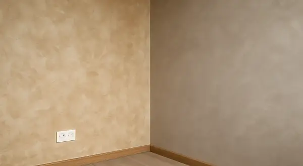 Coin de mur avec une peinture effet taloche beige clair et une autre murale gris taupe. Plinthe en bois et prise électrique blanche.