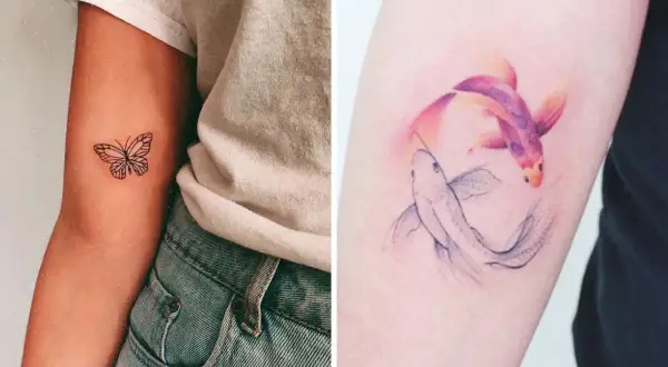 Mariposa y dos peces koi, símbolos de transformación y resiliencia, perfectos tatuajes de superación.