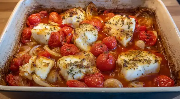Ugnsbakad torskfile med körsbärstomater och lök. Perfekt innertemp för en saftig fisk.