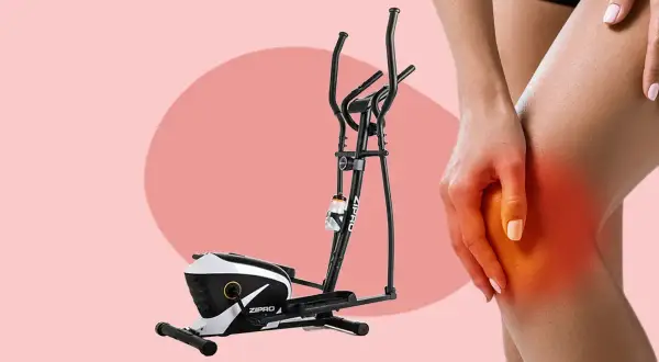 Crosstrainer für sanftes Training bei Kniearthrose. Ein Bein hält schmerzendes Knie, das Gerät steht daneben.
