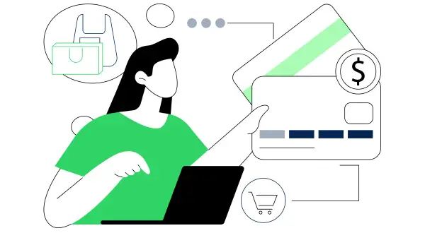 Kobieta z laptopem i kartą płatniczą, symbolizująca zakupy online i proces, jak cofnąć płatność kartą. Ikony koszyka i toreb zakupowych.