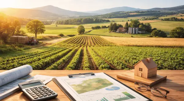 Pianificazione per un mutuo per terreno edificabile: calcolatrice, progetti e modello di casa su un tavolo con vista su un paesaggio agricolo al tramonto.