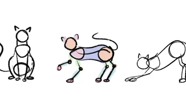 Bocetos de gatitos en diferentes poses. Uno sentado, otro a cuatro patas con colores pastel, y uno estirándose.