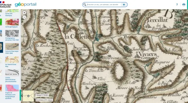 Carte de Cassini ancienne, montrant des reliefs et des lieux-dits comme "la Callette" et "Viviers".