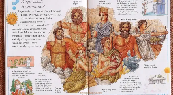 Ilustracja przedstawia panteon bogów rzymskich, w tym Jowisza, Junonę, Neptuna, Marsa, Wenus, Apollina i Dianę.