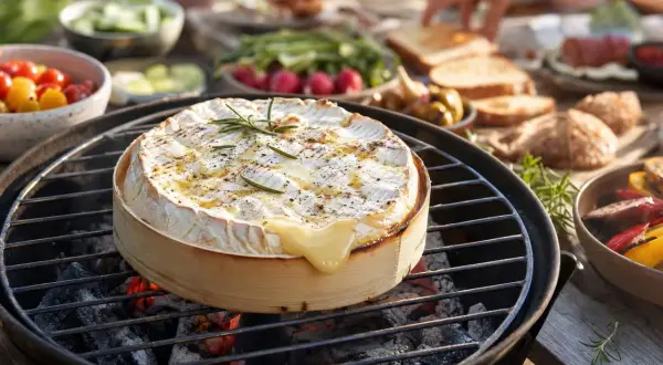 Un camembert au barbecue, fondant et parfumé, est le cœur d'un repas en plein air. Des légumes et du pain complètent ce délice.