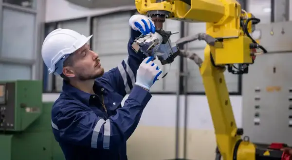 Inżynier w białym kasku i granatowym kombinezonie dokonuje precyzyjnych regulacji przy żółtym ramieniu robota. To kluczowy moment w serwisie automatyki, zapewniający płynne działanie linii produkcyjnej.