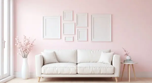Jasna sofa w kolorze śmietankowym i białym, otoczona pastelową różową ścianą, z pustymi ramkami i kwitnącymi gałązkami.