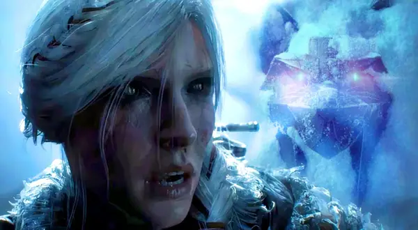 Eine Frau mit eisblondem Haar und grünen Augen blickt besorgt in die Kamera. Im Hintergrund lauert eine eisbedeckte Kreatur mit leuchtenden Augen, die an den Witcher IV erinnert.