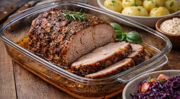 Soczysta karkówka pieczona w temperaturze 180°C, podana z ziemniakami i czerwoną kapustą. Idealna na obiad!