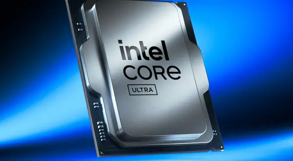 Procesador Intel Core Ultra, con su diseño plateado y el logo de Intel, listo para impulsar la próxima generación de tecnología, como un lago de flechas que guía el futuro.