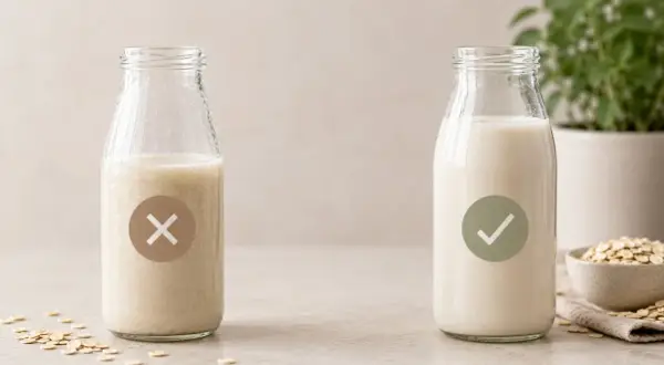 Zwei Flaschen mit Hafermilch: links eine mit X, rechts eine mit Häkchen. So gelingt hafermilch selber machen perfekt!