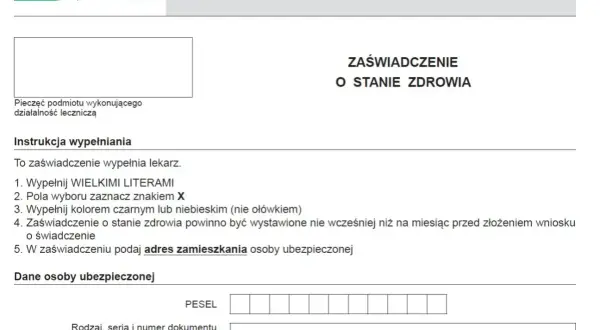 Formularz ZUS OL-9. Zaświadczenie o stanie zdrowia, które powinno być wystawione nie wcześniej niż na miesiąc przed złożeniem wniosku o przedłużenie renty.