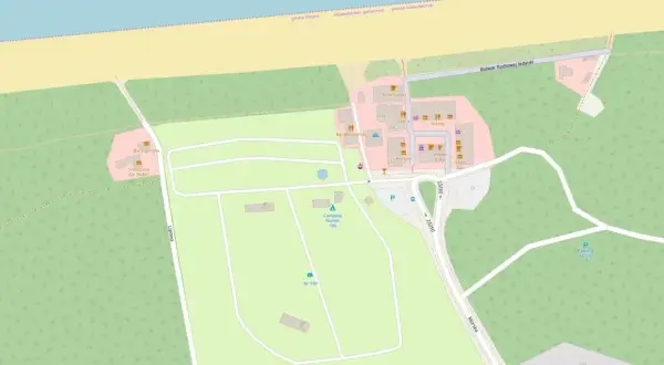Mapa terenu z zaznaczonym campingiem numer 180 w gminie Stegna. W pobliżu bary i smażalnie.