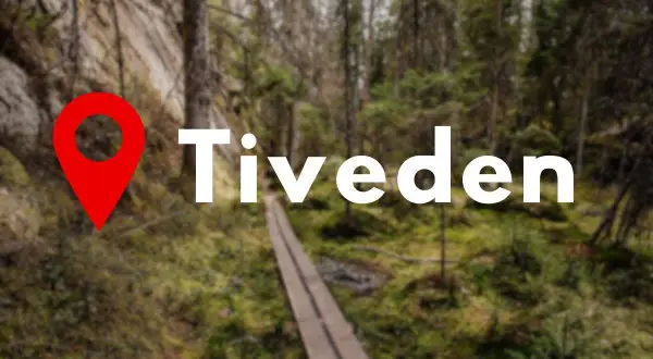 En röd platsmarkör pekar mot texten "Tiveden" över en träspång i en mossig skog. Perfekt för tiveden boende.