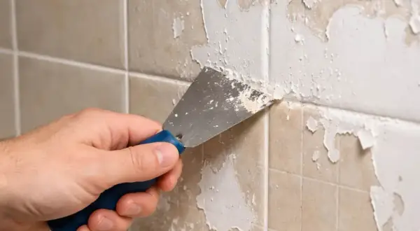 Main tenant enlever peinture sur carrelage avec une spatule. La peinture s'écaille sur les carreaux beiges.