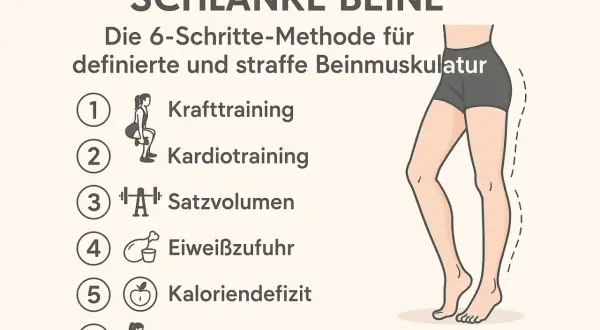 Die 6-Schritte-Methode für schlanke Beine: Krafttraining, Kardiotraining, Satzvolumen, Eiweißzufuhr, Kaloriendefizit, Regeneration. So bekommst du definierte und straffe Beinmuskulatur.
