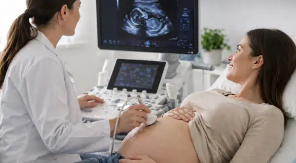 Lekarka wykonuje badanie prenatalne, przykładając głowicę USG do brzucha przyszłej mamy. Na ekranie widać obraz płodu.