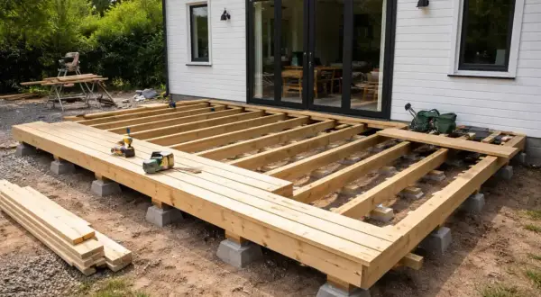 Grundarbete för att bygga trall. Träbjälkar ligger på betongplintar framför ett vitt hus med stora glasdörrar. Verktyg och virke ligger utspritt.