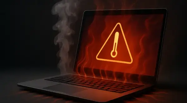 Laptop z dymem i ikoną termometru na ekranie, symbolizujący przegrzewanie.