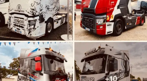 Quatre camions personnalisés, certains ornés de motifs artistiques, d'autres aux couleurs vives, illustrent les plus beaux camions de France.