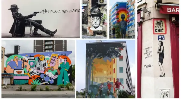 Collage de street art à Lille : un homme tirant des oiseaux, un portrait, un enfant devant un arc-en-ciel, une fresque colorée et une femme stylisée.