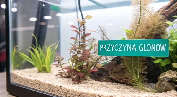 Zielona tabliczka "PRZYCZYNA GLONOW" w akwarium z piaskiem i roślinami wodnymi.