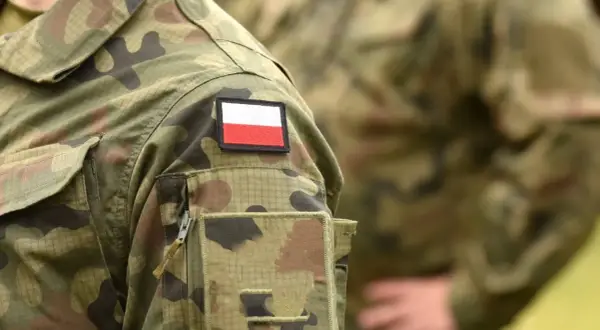Żołnierz zawodowy w mundurze moro z naszywką z polską flagą.