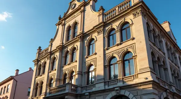 Elegancki budynek z ryzalitem, ozdobiony łukowymi oknami i balkonem, lśni w słońcu.