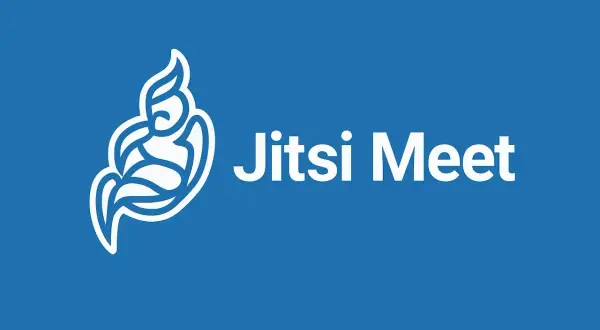 Logo bianco su sfondo blu con testo "Jitsi Meet".