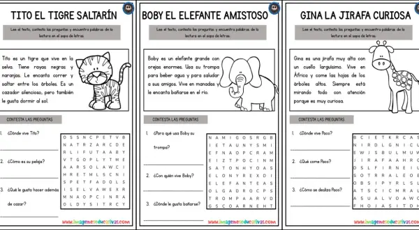 Sopa de letras en inglés imprimir con tres animales: Tito el tigre, Boby el elefante y Gina la jirafa.