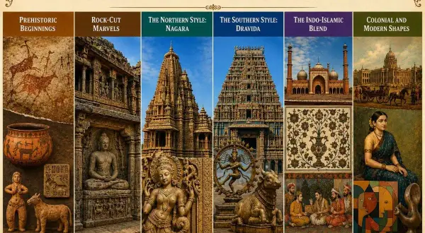 A collage showcasing the evolution of Indian art, from prehistoric cave paintings and pottery to rock-cut marvels, temple architecture, Indo-Islamic designs, and colonial-era portraits.