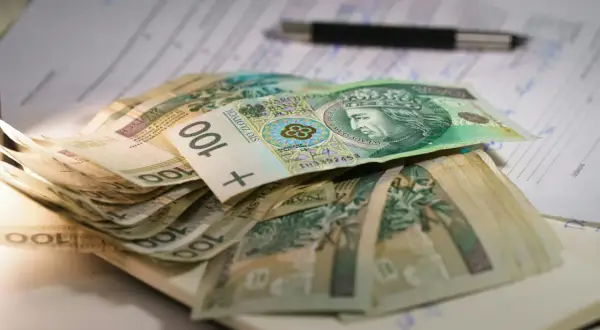 Stos banknotów 100 zł leży na dokumentach obok długopisu. To może być początek rozmowy o tym, czym jest fuzja w finansach.