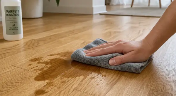 En hand torkar upp spill på ett parkettgolv med en mikrofiberduk. Flaskan med parkettrengöring står bredvid. Ett klassiskt husmorstips för att hålla golvet rent.