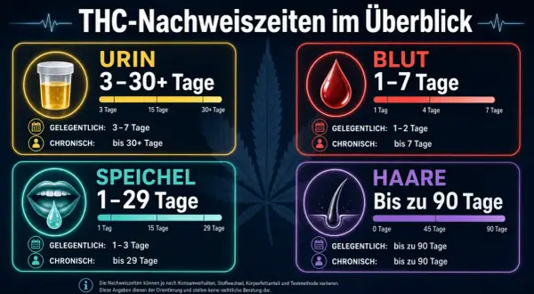 Übersicht über THC-Nachweiszeiten: Blut 1-7 Tage, Urin 3-30+ Tage, Speichel 1-29 Tage, Haare bis 90 Tage.