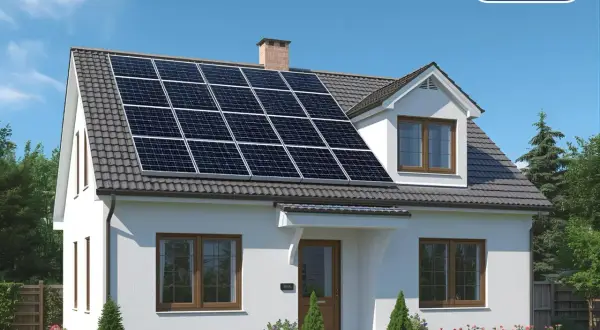 Casa con paneles de energía solar térmica en el tejado, aprovechando el sol para un hogar sostenible.