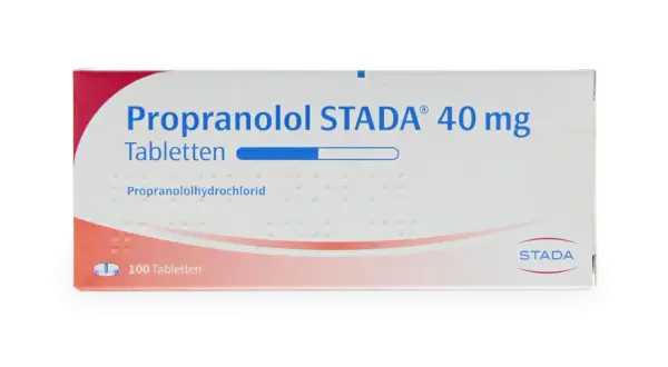 En kartong med Propranolol STADA 40 mg tabletter, en betablockerare. Innehåller 100 tabletter.
