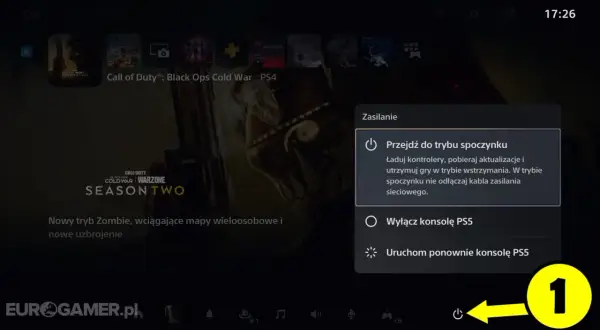 Menu zasilania PS5, gdzie można wybrać, jak wyłączyć PS5: tryb spoczynku, wyłączenie lub ponowne uruchomienie.