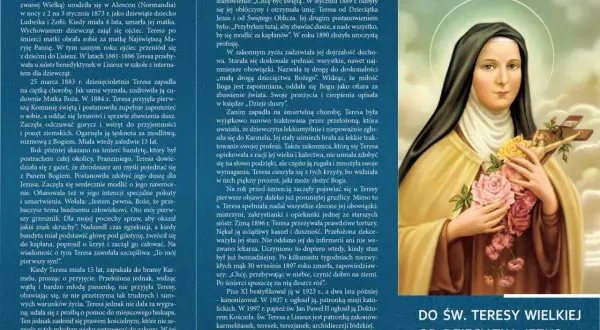 Litania do św. Teresy od Dzieciątka Jezus. Święta Teresa z Avila, zwana Małą Tereską, na obrazie trzyma krucyfiks i róże.