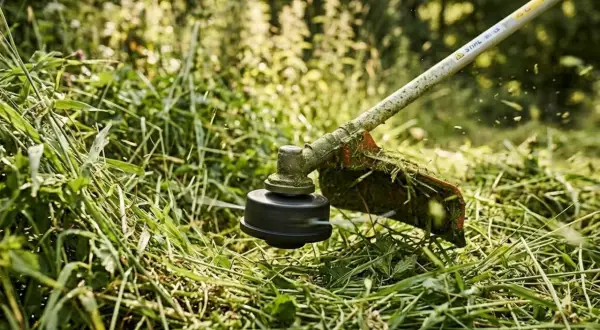 Kosa spalinowa wielofunkcyjna tnie gęstą trawę w słoneczny dzień.