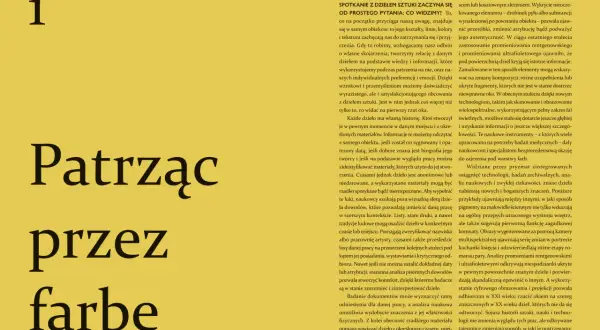 Symbolizm co to? Wielkie litery "Patrząc przez farbę" i numer 1 na żółtym tle. Tekst omawia analizę dzieł sztuki.