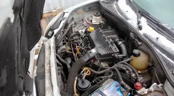 Silnik Renault Kangoo 1.5 dCi, widok komory silnika z otwartą maską. Widać akumulator, filtry i przewody.