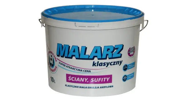 Biała farba emulsyjna MALARZ klasyczny, 10L. To farba emulsyjna o spoiwie organicznym, idealna do ścian i sufitów.