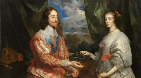 Portret pary królewskiej, wspaniałe dzieła Antoona van Dycka. Król Karol I i królowa Henrietta Maria w bogatych strojach.